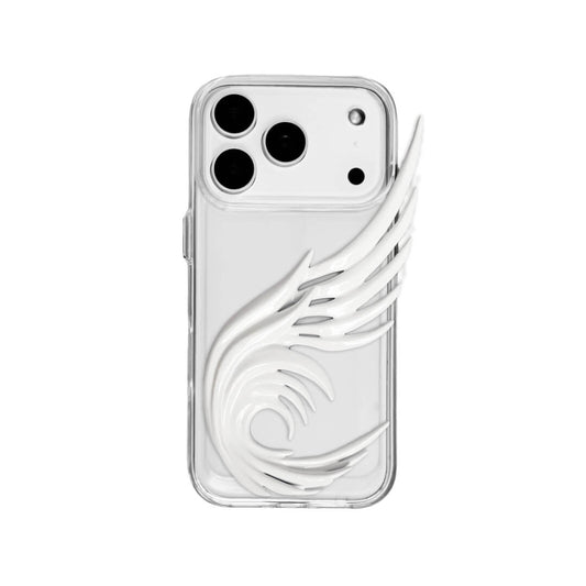A sculpted 3D angel wing iPhone case featuring a flowing spiral wing design along the side, shown in both transparent and white leather-style finishes.