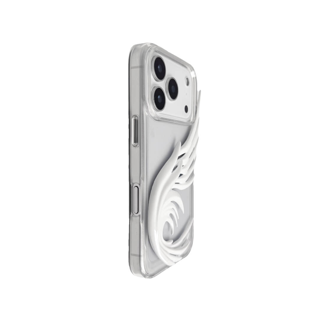 A sculpted 3D angel wing iPhone case featuring a flowing spiral wing design along the side, shown in both transparent and white leather-style finishes.