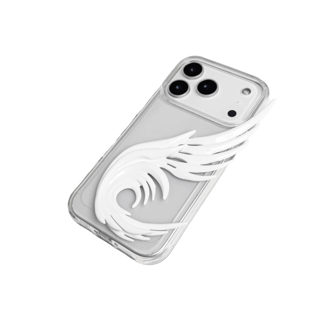 A sculpted 3D angel wing iPhone case featuring a flowing spiral wing design along the side, shown in both transparent and white leather-style finishes.