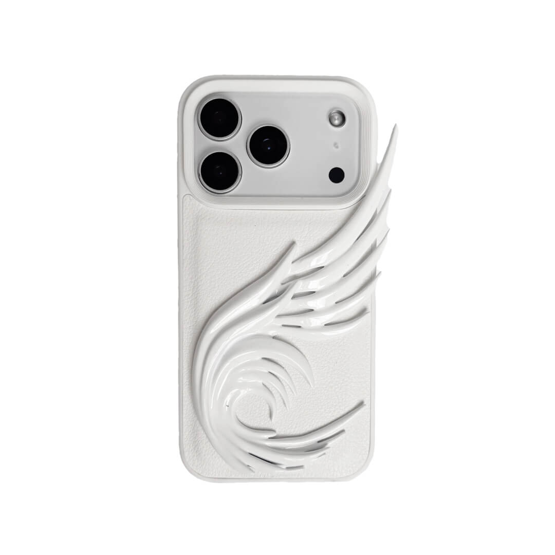 A sculpted 3D angel wing iPhone case featuring a flowing spiral wing design along the side, shown in both transparent and white leather-style finishes.