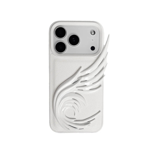 A sculpted 3D angel wing iPhone case featuring a flowing spiral wing design along the side, shown in both transparent and white leather-style finishes.