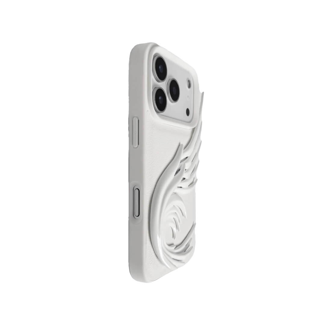 A sculpted 3D angel wing iPhone case featuring a flowing spiral wing design along the side, shown in both transparent and white leather-style finishes.