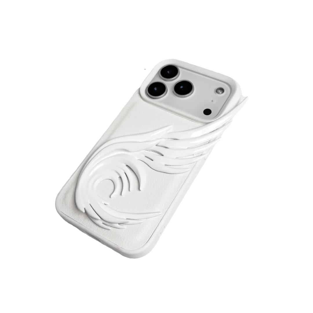 A sculpted 3D angel wing iPhone case featuring a flowing spiral wing design along the side, shown in both transparent and white leather-style finishes.