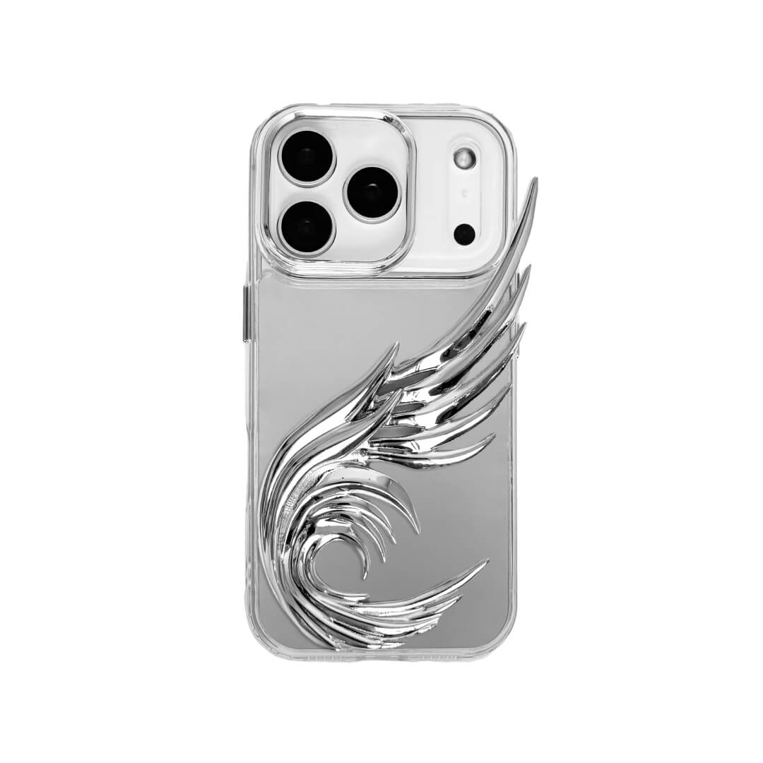 The Curl Silver Angel Wing iPhone Case featuring a 3D sculpted silver metallic wing with a unique upward-curled silhouette and high-shine chrome finish. Shown in three base variations: Silver, Transparent, and Black.