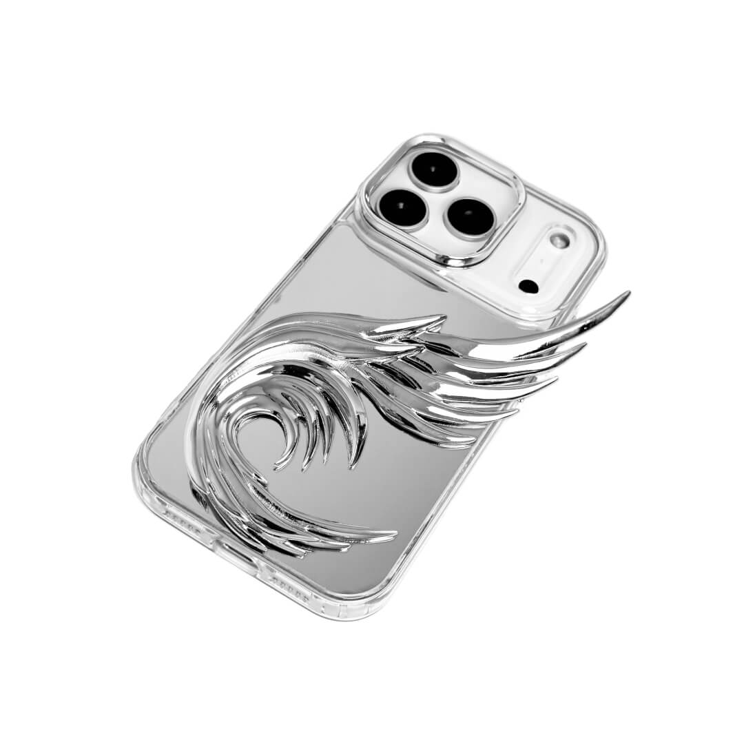 The Curl Silver Angel Wing iPhone Case featuring a 3D sculpted silver metallic wing with a unique upward-curled silhouette and high-shine chrome finish. Shown in three base variations: Silver, Transparent, and Black.