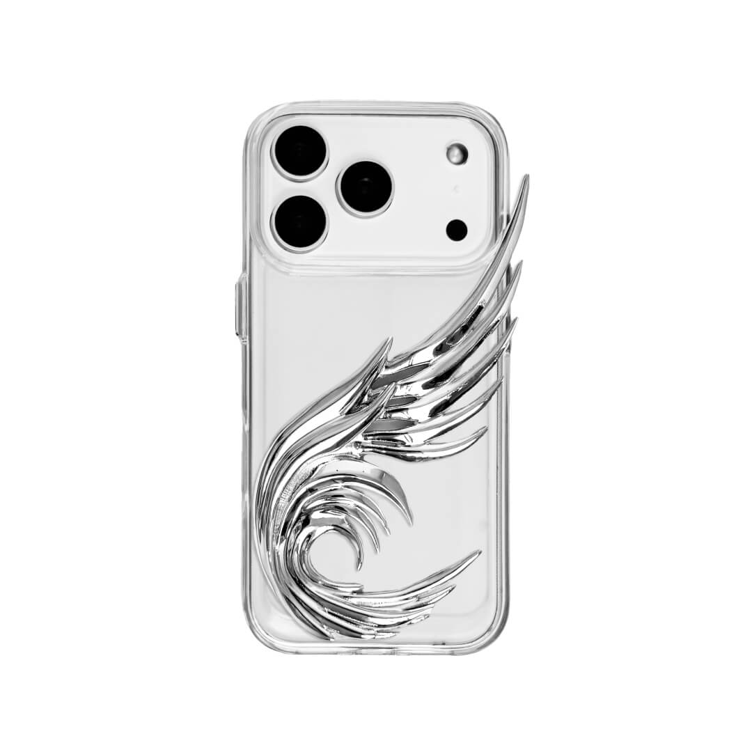 The Curl Silver Angel Wing iPhone Case featuring a 3D sculpted silver metallic wing with a unique upward-curled silhouette and high-shine chrome finish. Shown in three base variations: Silver, Transparent, and Black.