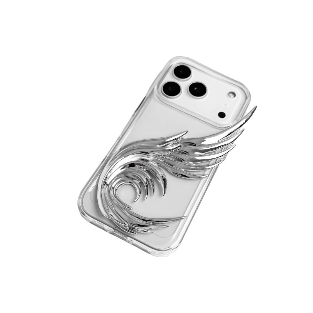 The Curl Silver Angel Wing iPhone Case featuring a 3D sculpted silver metallic wing with a unique upward-curled silhouette and high-shine chrome finish. Shown in three base variations: Silver, Transparent, and Black.