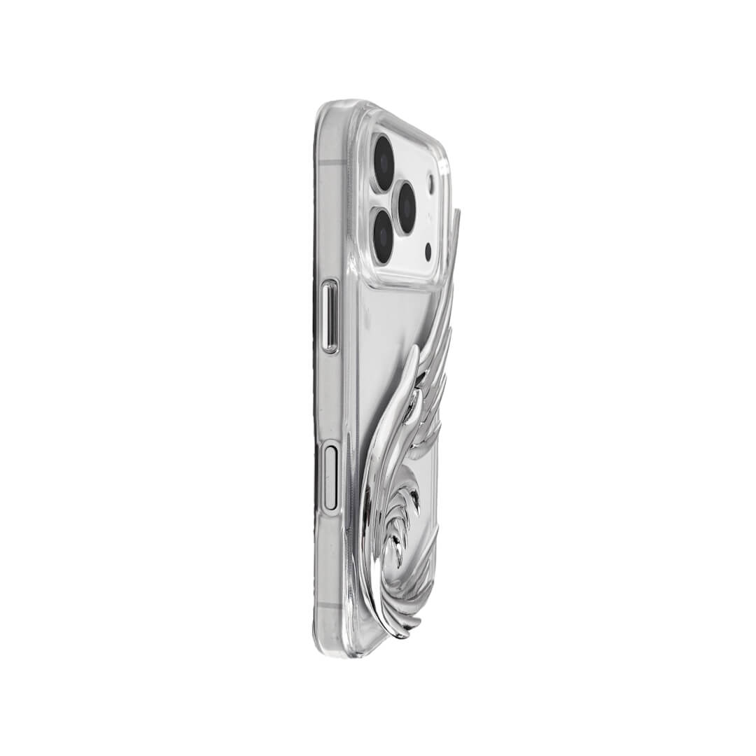 The Curl Silver Angel Wing iPhone Case featuring a 3D sculpted silver metallic wing with a unique upward-curled silhouette and high-shine chrome finish. Shown in three base variations: Silver, Transparent, and Black.