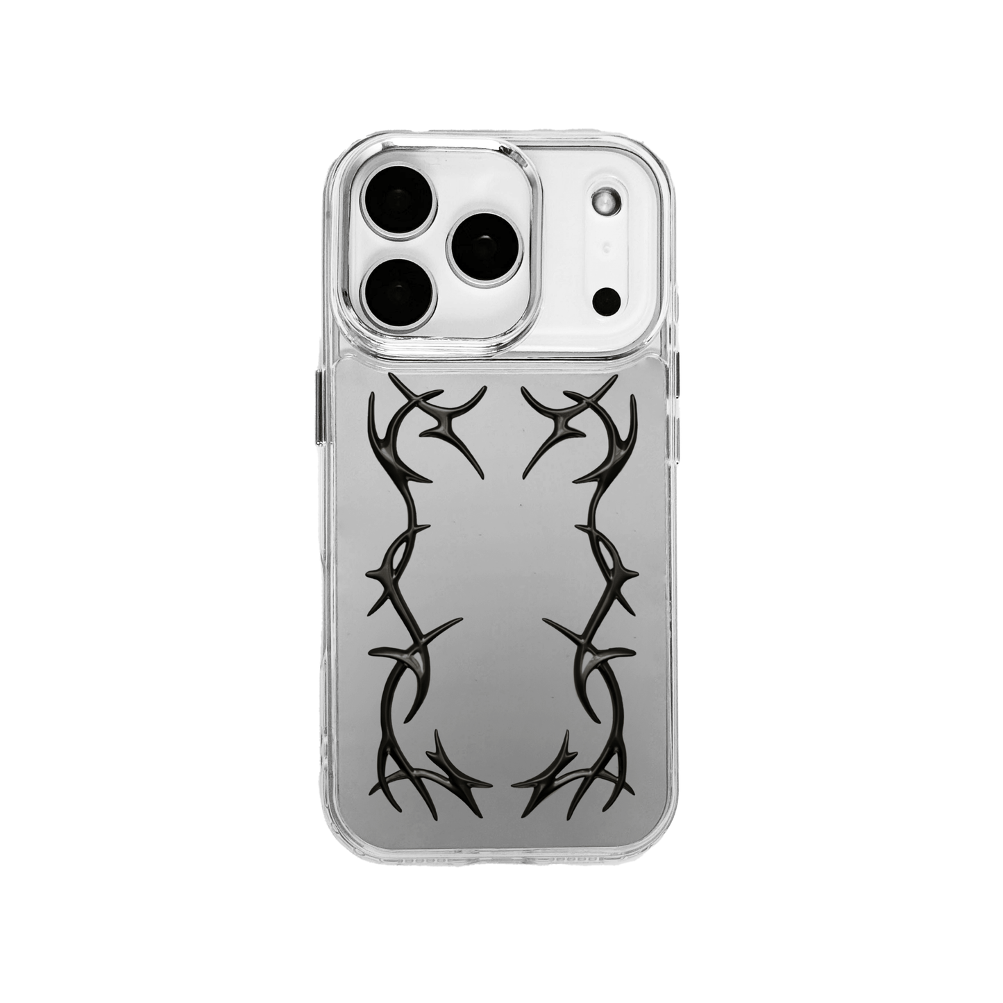 Transparent iPhone case featuring a vertically symmetrical, silver or chrome-plated metallic barbed wire/thorn vine relief design running along both sides of the back panel.