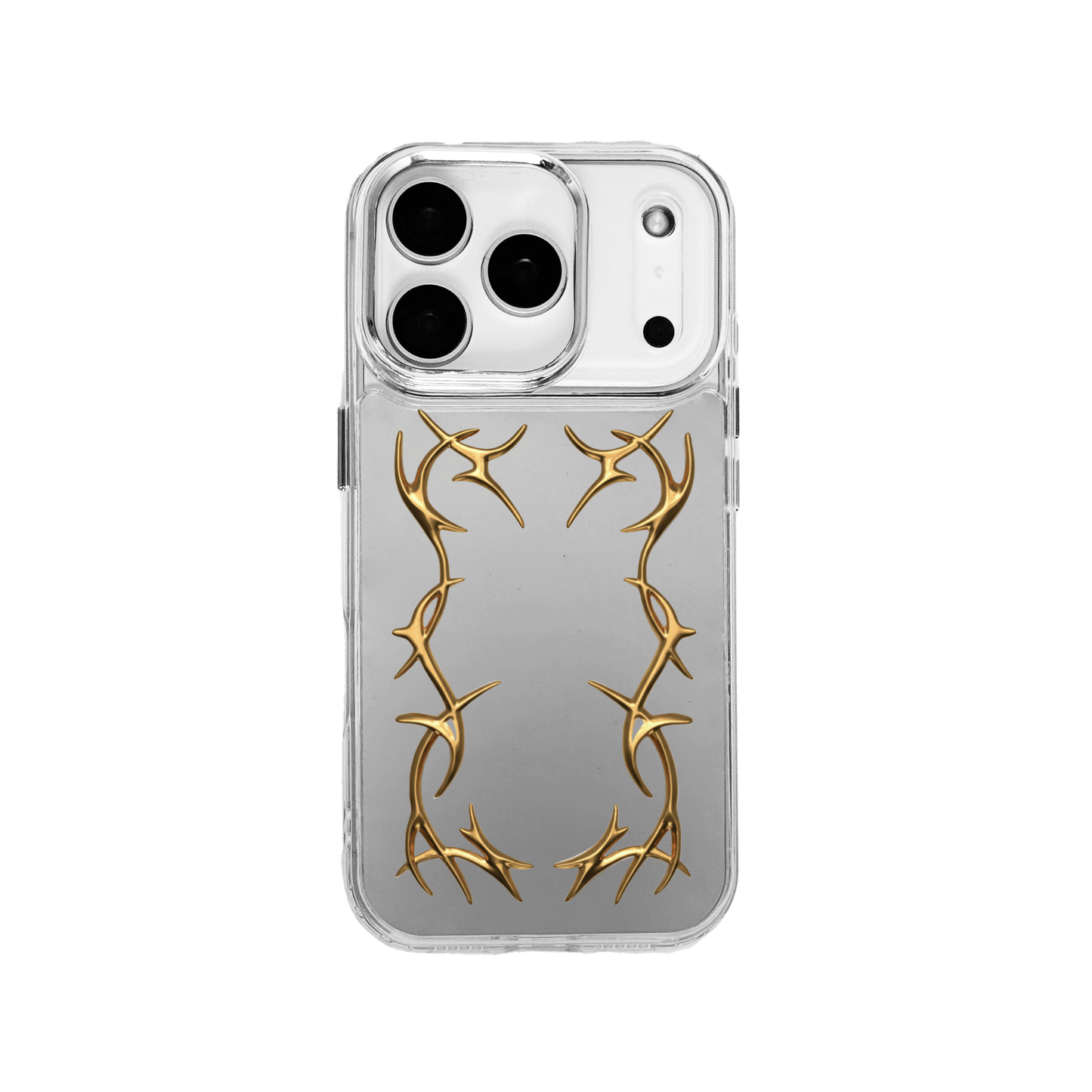 Transparent iPhone case featuring a vertically symmetrical, silver or chrome-plated metallic barbed wire/thorn vine relief design running along both sides of the back panel.