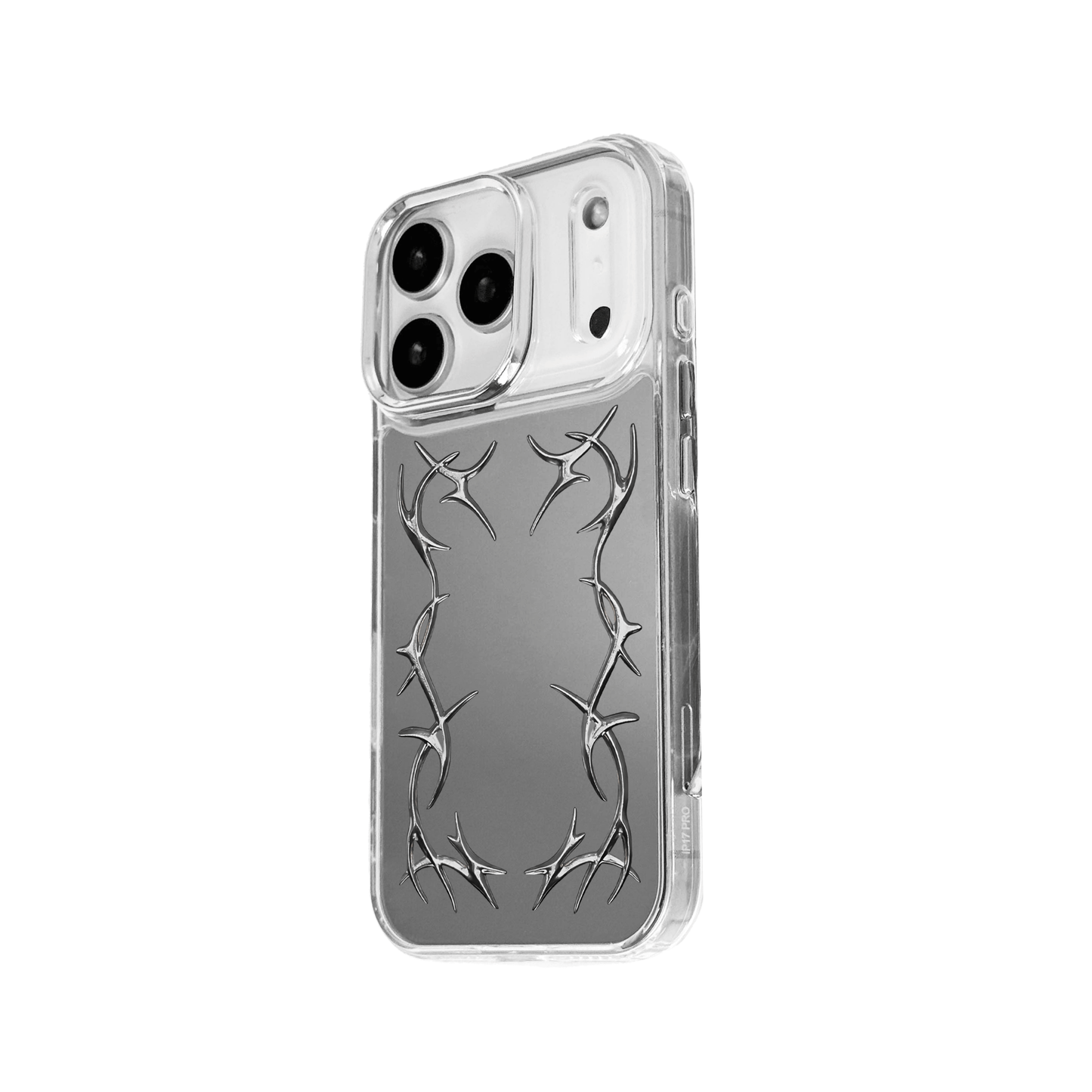 Transparent iPhone case featuring a vertically symmetrical, silver or chrome-plated metallic barbed wire/thorn vine relief design running along both sides of the back panel.