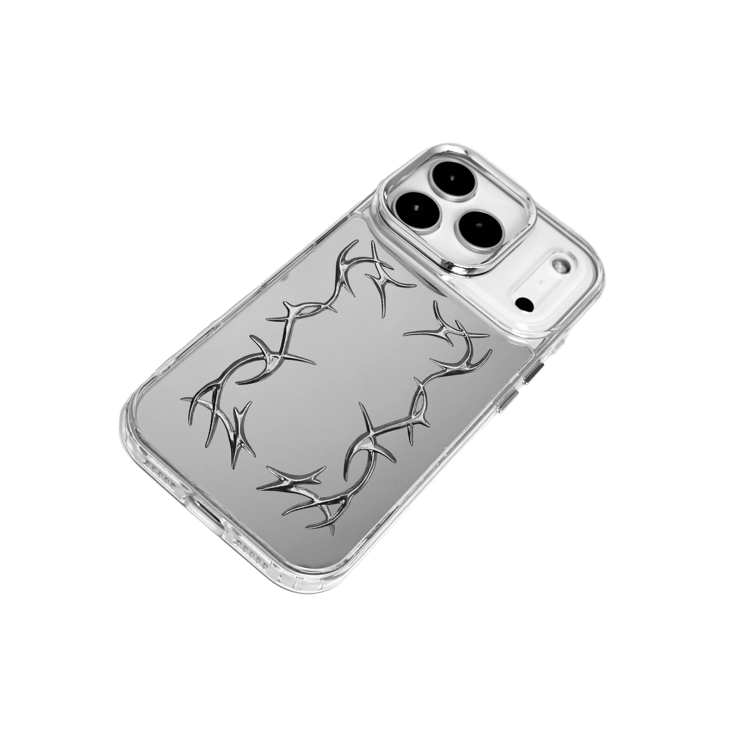 Transparent iPhone case featuring a vertically symmetrical, silver or chrome-plated metallic barbed wire/thorn vine relief design running along both sides of the back panel.