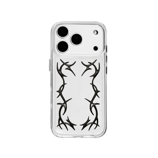 Transparent iPhone case featuring a vertically symmetrical, silver or chrome-plated metallic barbed wire/thorn vine relief design running along both sides of the back panel.