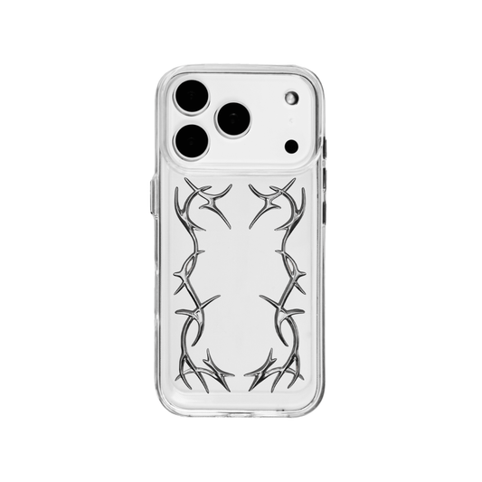 Transparent iPhone case featuring a vertically symmetrical, silver or chrome-plated metallic barbed wire/thorn vine relief design running along both sides of the back panel.