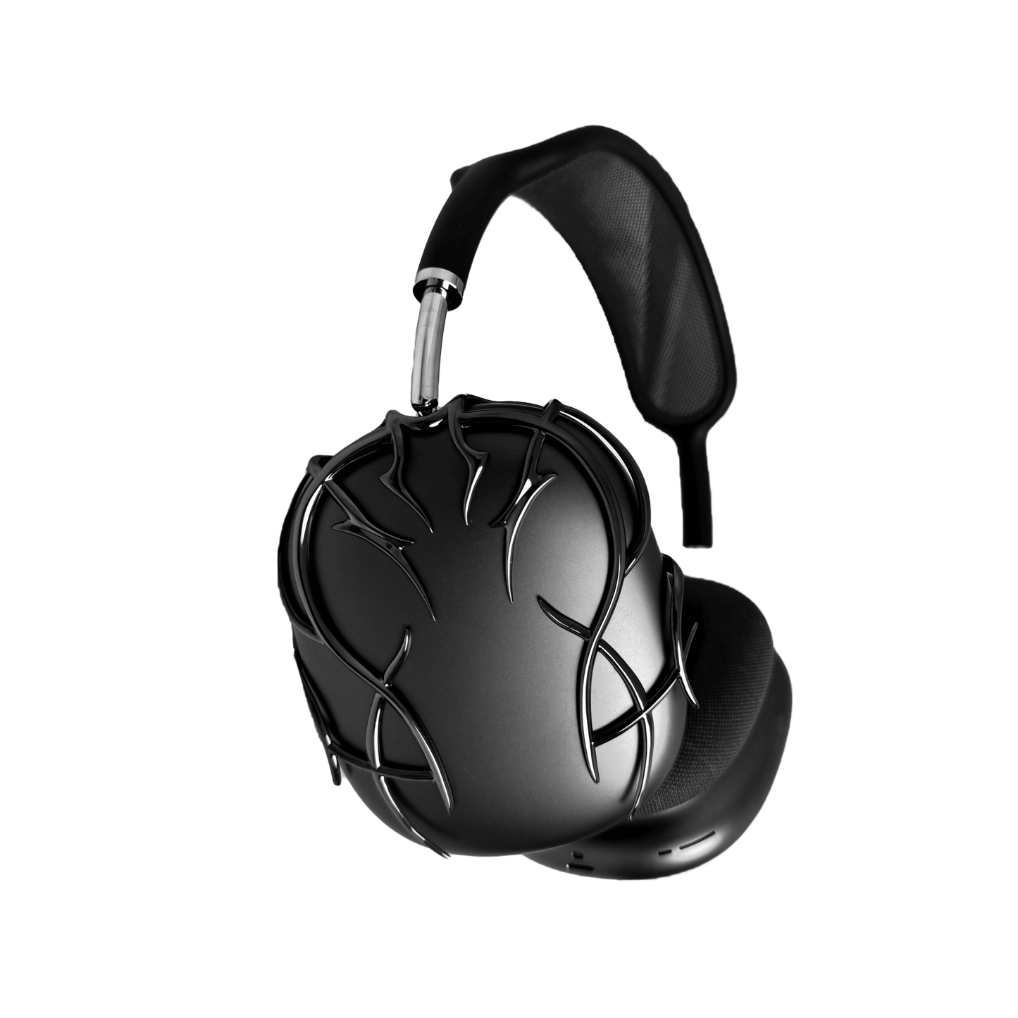 The XTENDED iDENTiTY "Cyber-Dreams" AirPods Max Cover from the Cyber Dream series. The black earcups are protected by a metallic, interwoven exoskeleton structure. The design showcases fluid, multi-layered lines forming a protective, woven mesh. Available finishes include Shadow Black, Liquid Silver, and Molten Gold.