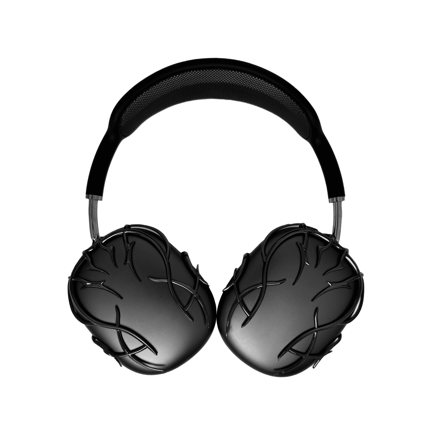 The XTENDED iDENTiTY "Cyber-Dreams" AirPods Max Cover from the Cyber Dream series. The black earcups are protected by a metallic, interwoven exoskeleton structure. The design showcases fluid, multi-layered lines forming a protective, woven mesh. Available finishes include Shadow Black, Liquid Silver, and Molten Gold.