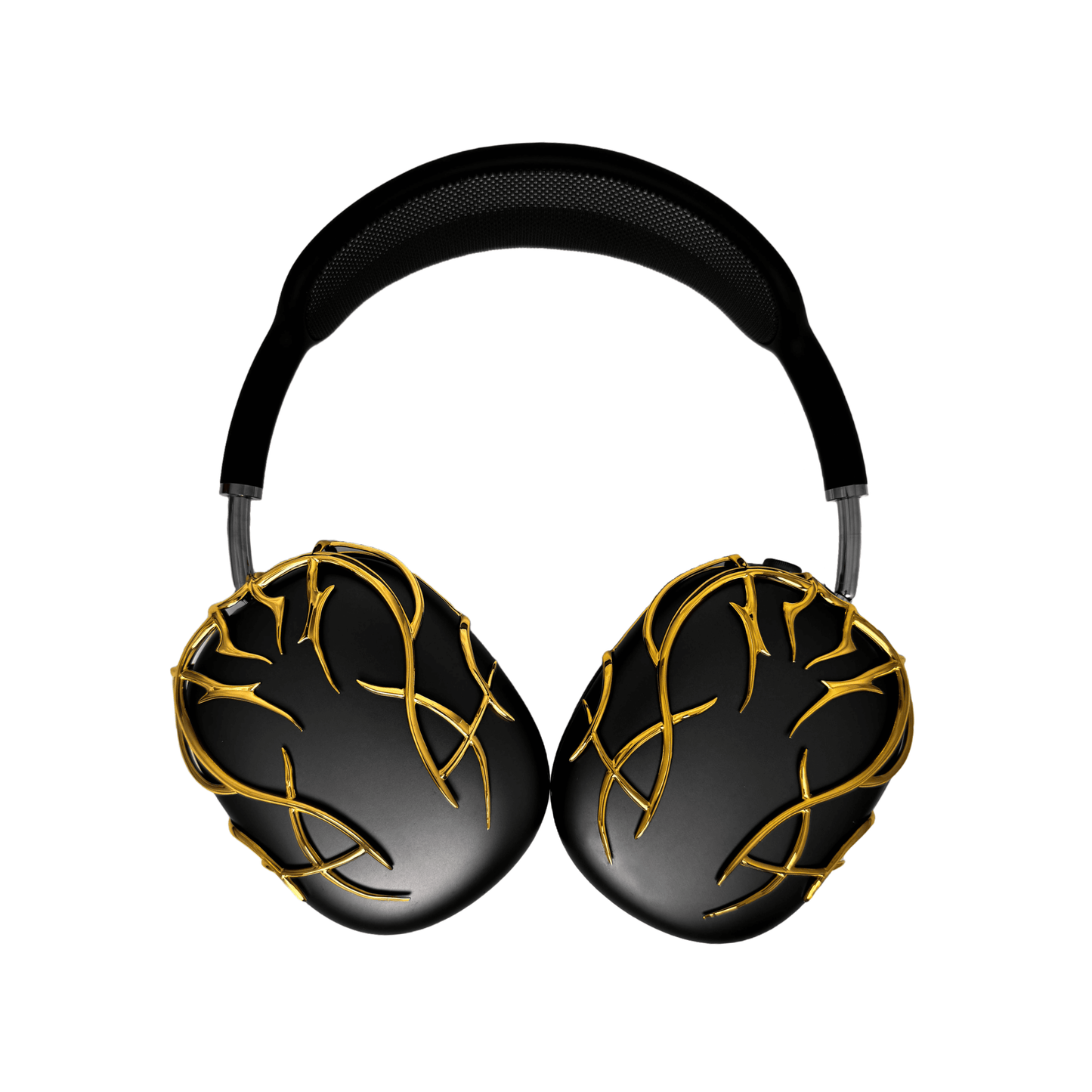 The XTENDED iDENTiTY "Cyber-Dreams" AirPods Max Cover from the Cyber Dream series. The black earcups are protected by a metallic, interwoven exoskeleton structure. The design showcases fluid, multi-layered lines forming a protective, woven mesh. Available finishes include Shadow Black, Liquid Silver, and Molten Gold.