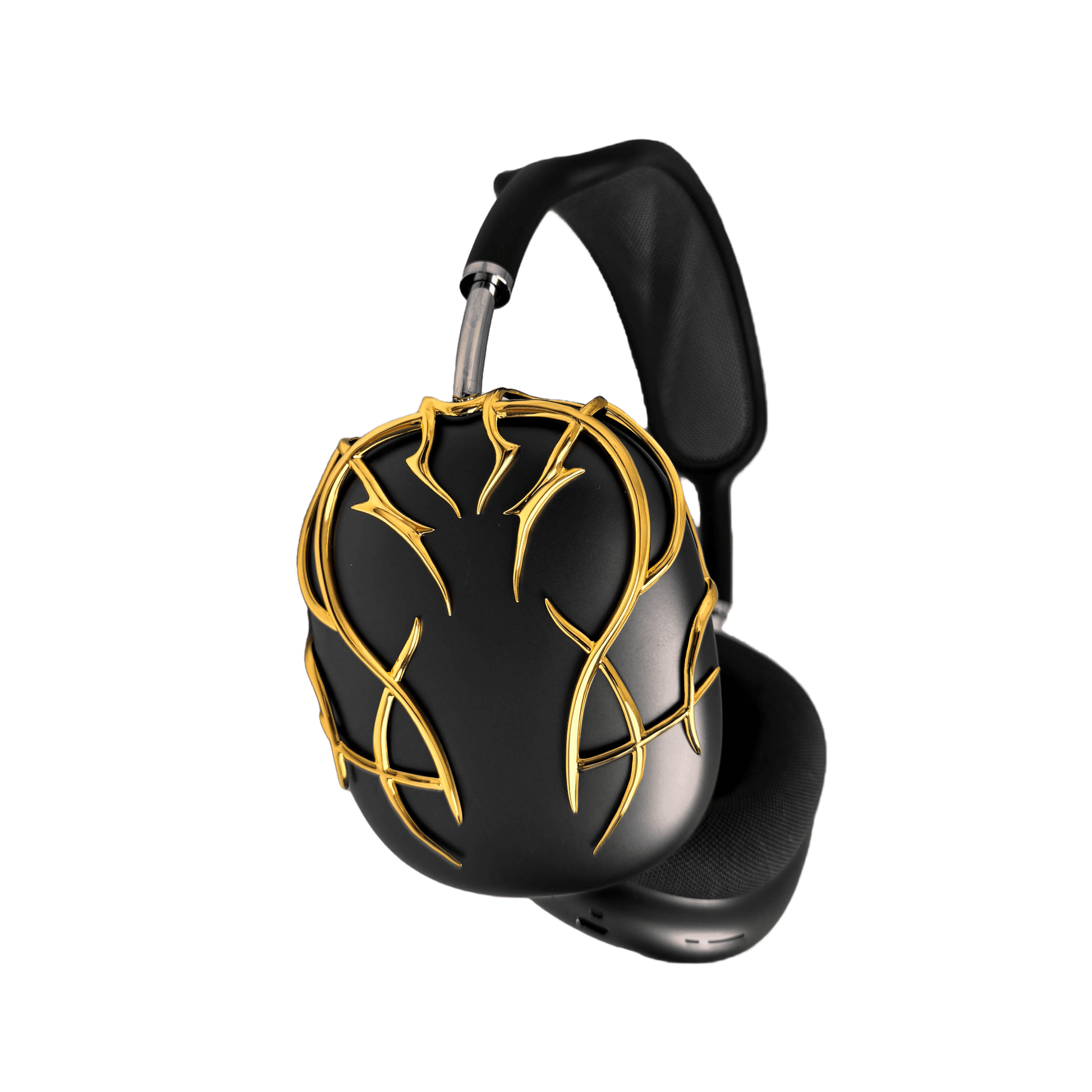 The XTENDED iDENTiTY "Cyber-Dreams" AirPods Max Cover from the Cyber Dream series. The black earcups are protected by a metallic, interwoven exoskeleton structure. The design showcases fluid, multi-layered lines forming a protective, woven mesh. Available finishes include Shadow Black, Liquid Silver, and Molten Gold.
