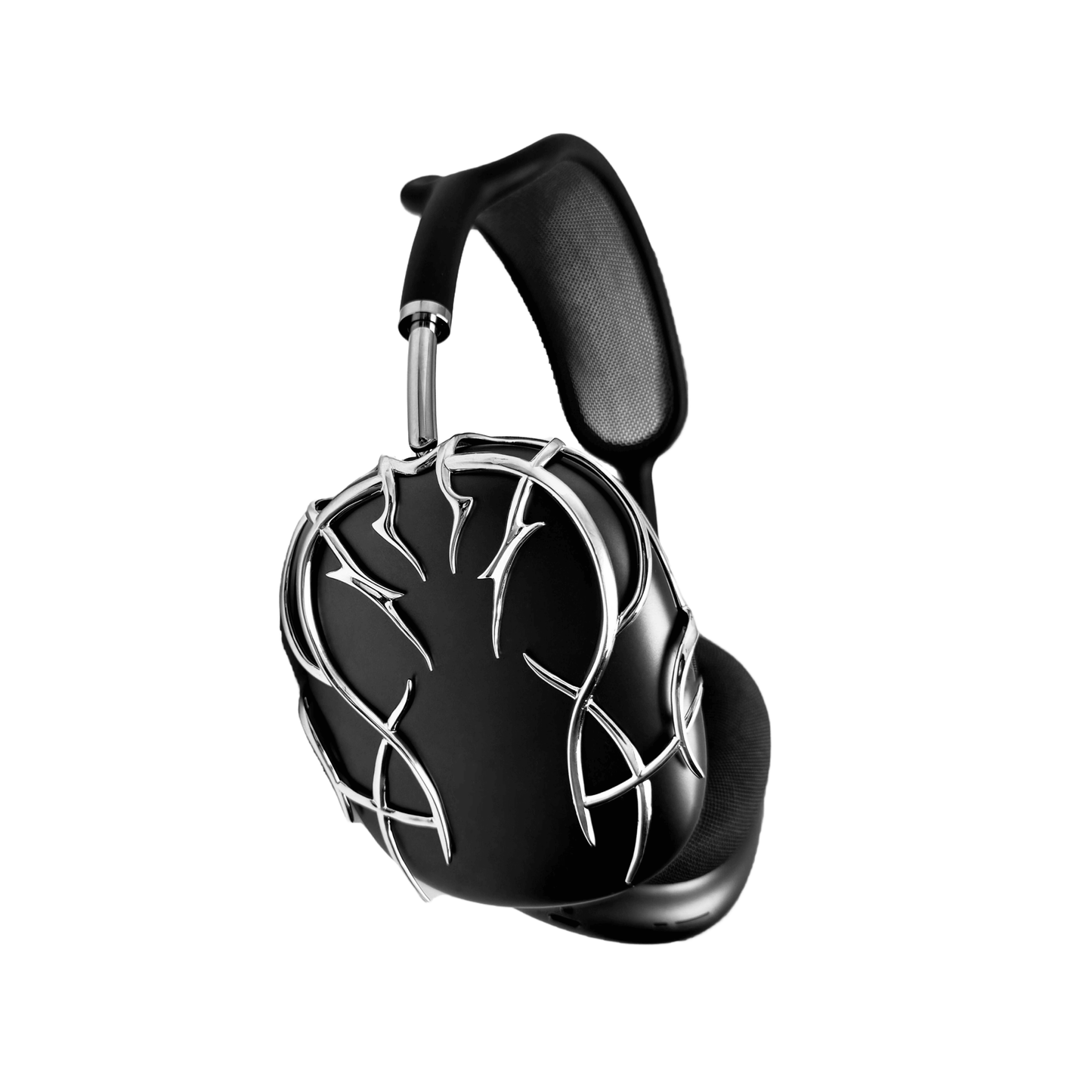 The XTENDED iDENTiTY "Cyber-Dreams" AirPods Max Cover from the Cyber Dream series. The black earcups are protected by a metallic, interwoven exoskeleton structure. The design showcases fluid, multi-layered lines forming a protective, woven mesh. Available finishes include Shadow Black, Liquid Silver, and Molten Gold.