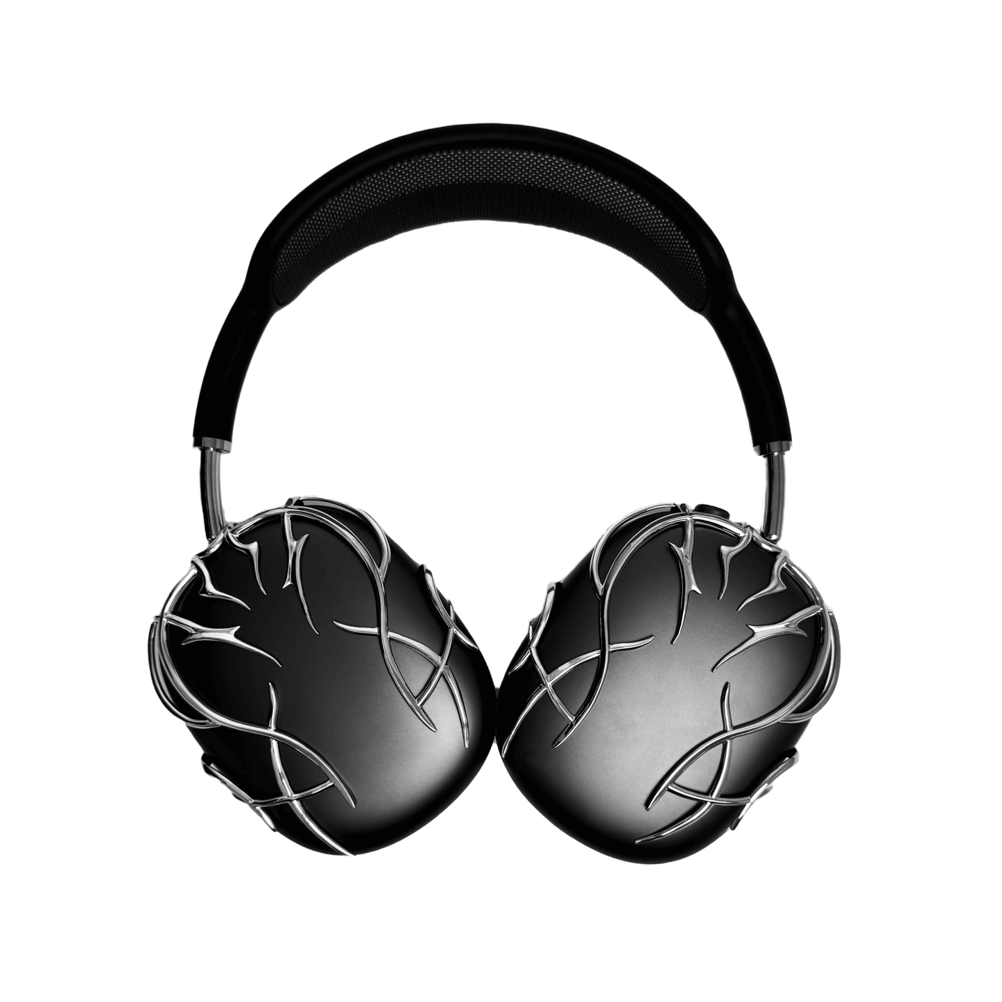 The XTENDED iDENTiTY "Cyber-Dreams" AirPods Max Cover from the Cyber Dream series. The black earcups are protected by a metallic, interwoven exoskeleton structure. The design showcases fluid, multi-layered lines forming a protective, woven mesh. Available finishes include Shadow Black, Liquid Silver, and Molten Gold.