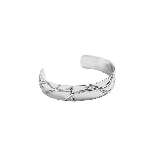 Mirror silver cuff bracelet featuring an intricate, flowing weave pattern for a futuristic, dreamlike cyber-aesthetic.