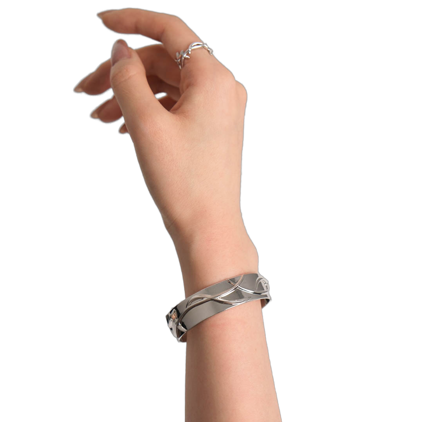 Mirror silver cuff bracelet featuring an intricate, flowing weave pattern for a futuristic, dreamlike cyber-aesthetic.