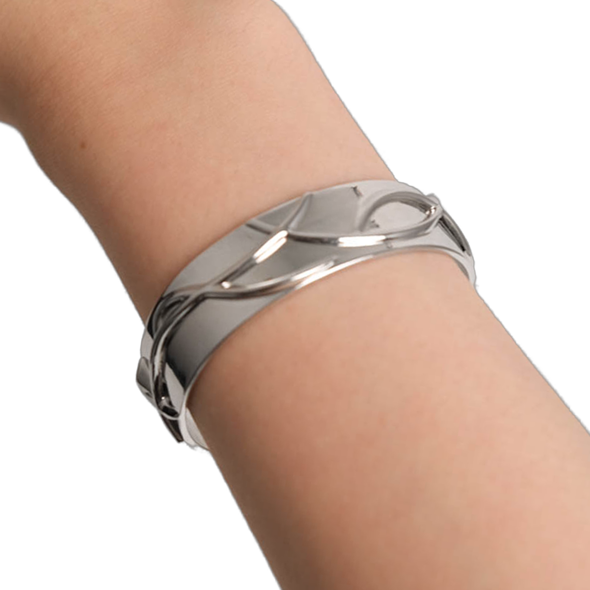 Mirror silver cuff bracelet featuring an intricate, flowing weave pattern for a futuristic, dreamlike cyber-aesthetic.