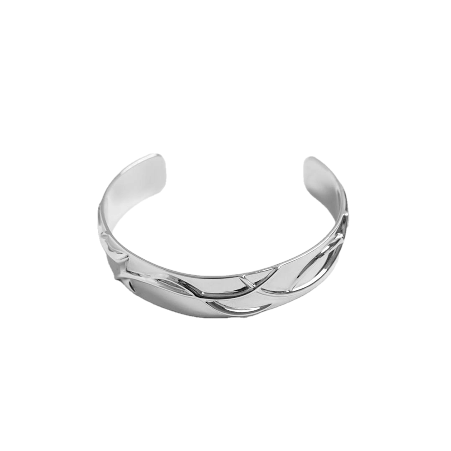 Mirror silver cuff bracelet featuring an intricate, flowing weave pattern for a futuristic, dreamlike cyber-aesthetic.