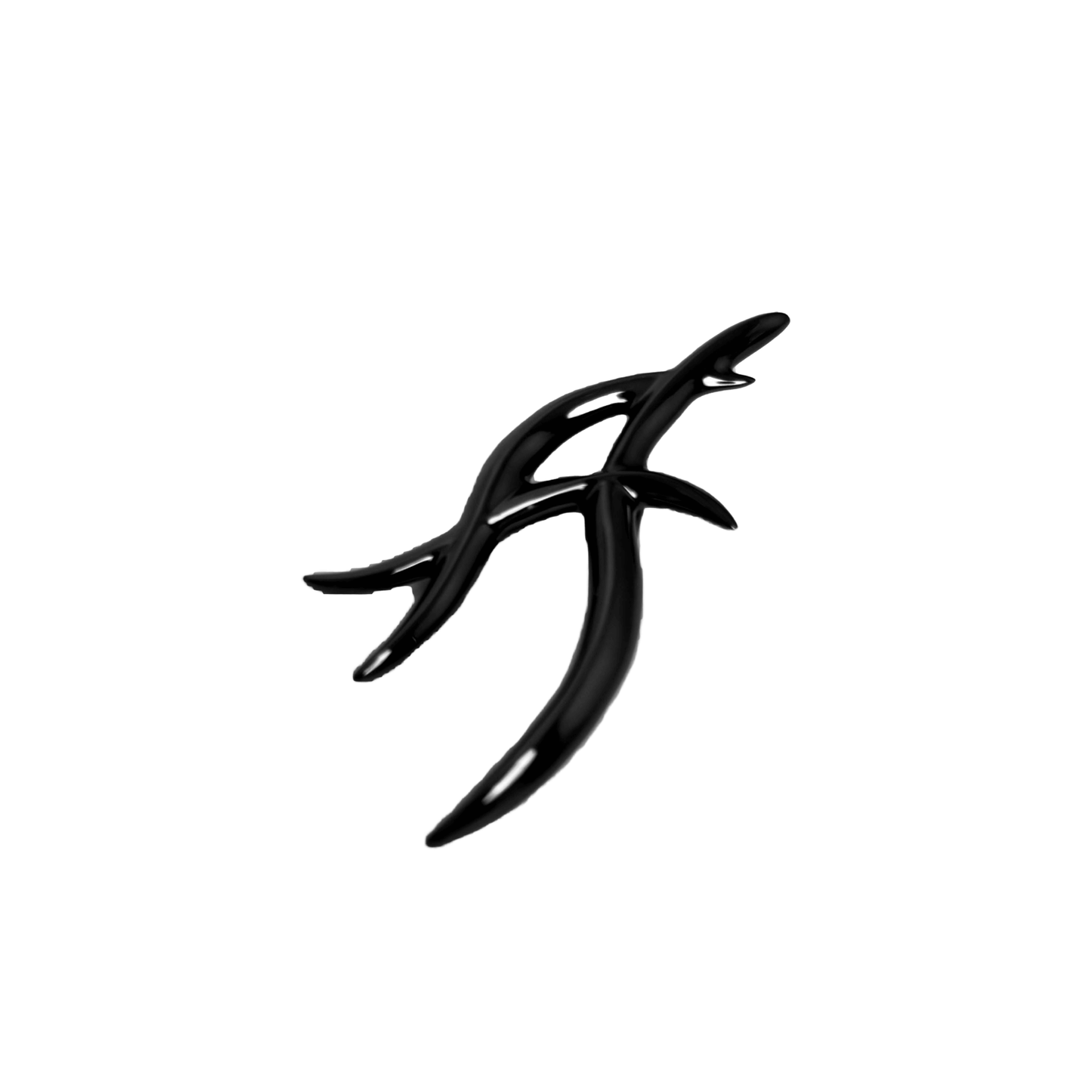 The XTENDED iDENTiTY "Cyber Dreams" Shoelry from the Cyber Dream series. A single-piece ornament featuring a fluid, abstract metallic design resembling a sharp, futuristic letter or symbol. Available finishes include Shadow Black, Liquid Silver, and Molten Gold, displayed together.