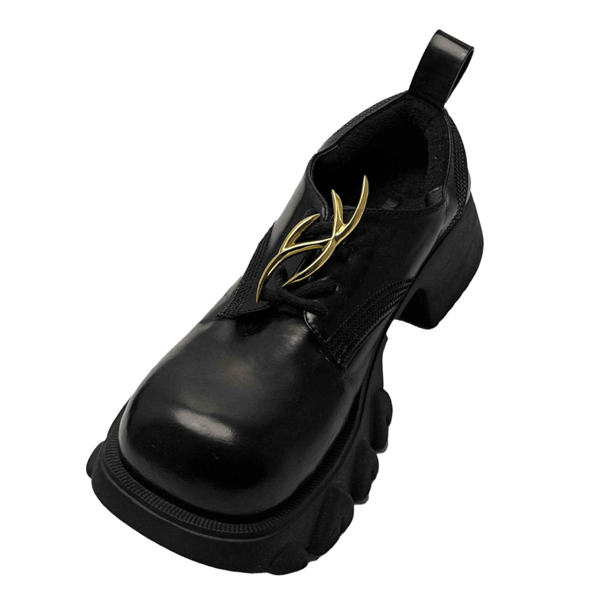 The XTENDED iDENTiTY "Cyber Spines" Shoelry from the Cyber Dream series. A single-piece ornament featuring a fluid, abstract metallic design where four sharp points intersect in a symmetrical 'X' or nucleus shape. Available finishes include Shadow Black, Liquid Silver, and Molten Gold, displayed together.