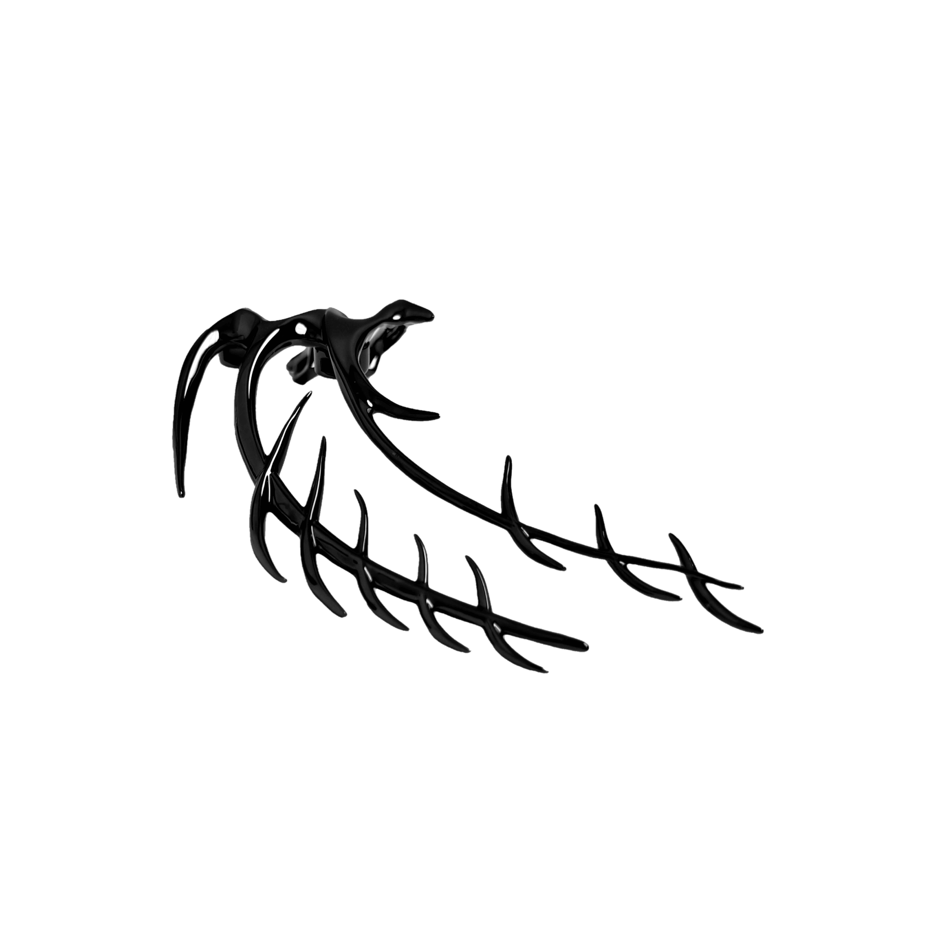 The XTENDED iDENTiTY "Cyber Fin" Shoelry from the Cyber Dream series. A highly detailed, segmented ornament resembling a futuristic mechanical fin with sharp, flowing lines. Available finishes include Shadow Black, Liquid Silver, and Molten Gold, displayed together.