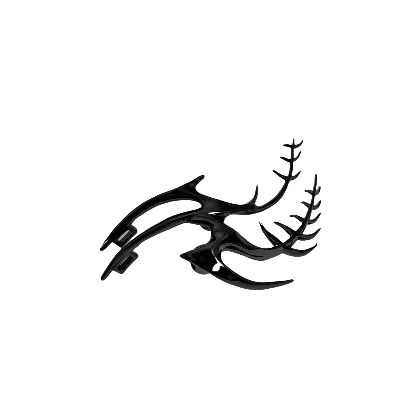 The XTENDED iDENTiTY "Cyber Fin" Shoelry from the Cyber Dream series. A highly detailed, segmented ornament resembling a futuristic mechanical fin with sharp, flowing lines. Available finishes include Shadow Black, Liquid Silver, and Molten Gold, displayed together.