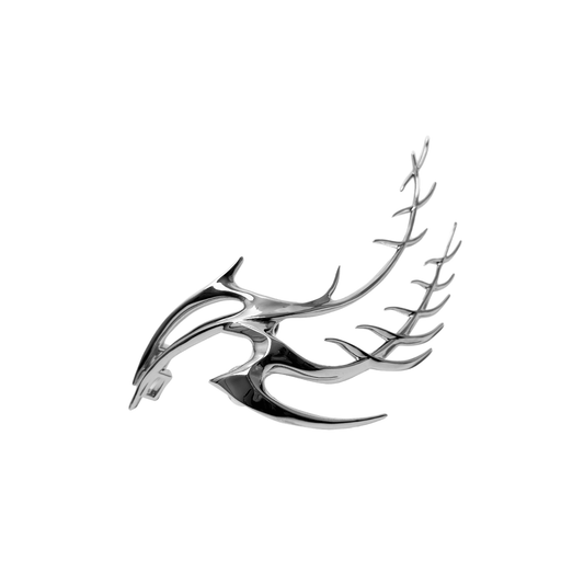 The XTENDED iDENTiTY "Cyber Fin" Shoelry from the Cyber Dream series. A highly detailed, segmented ornament resembling a futuristic mechanical fin with sharp, flowing lines. Available finishes include Shadow Black, Liquid Silver, and Molten Gold, displayed together.