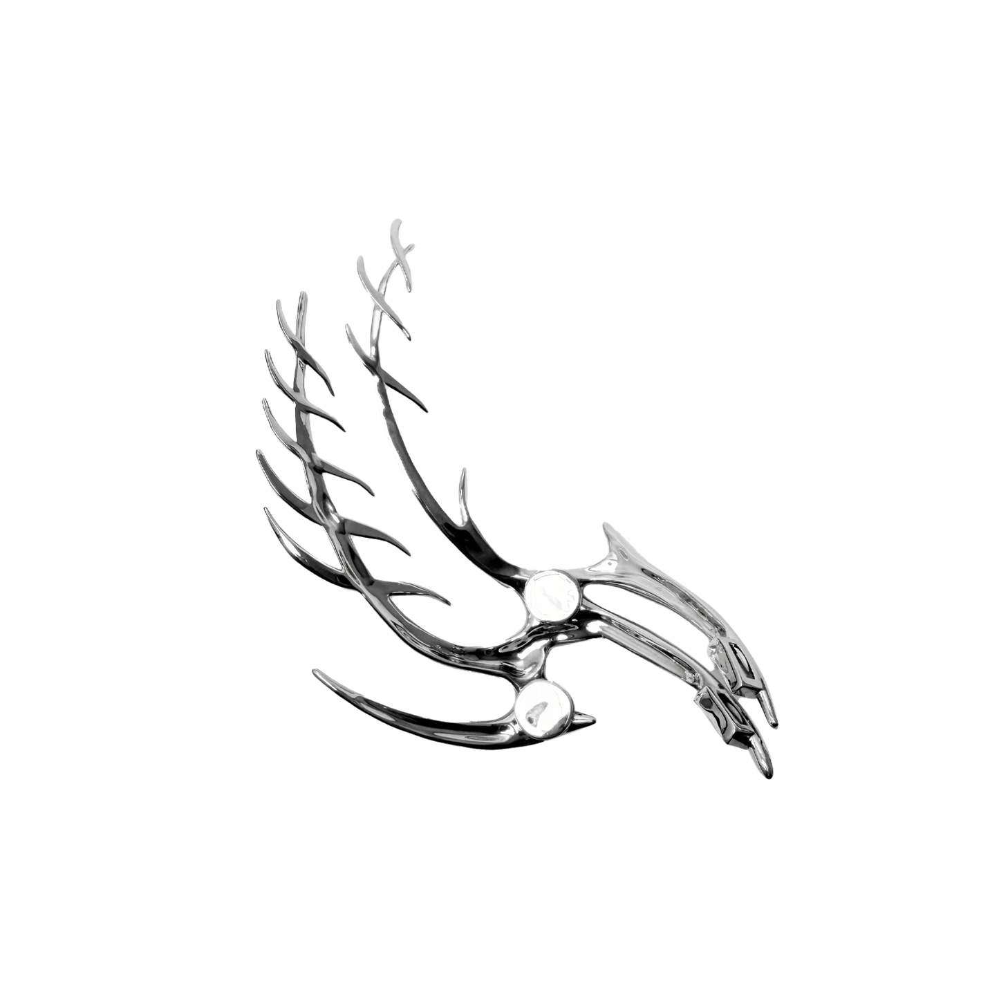 The XTENDED iDENTiTY "Cyber Fin" Shoelry from the Cyber Dream series. A highly detailed, segmented ornament resembling a futuristic mechanical fin with sharp, flowing lines. Available finishes include Shadow Black, Liquid Silver, and Molten Gold, displayed together.