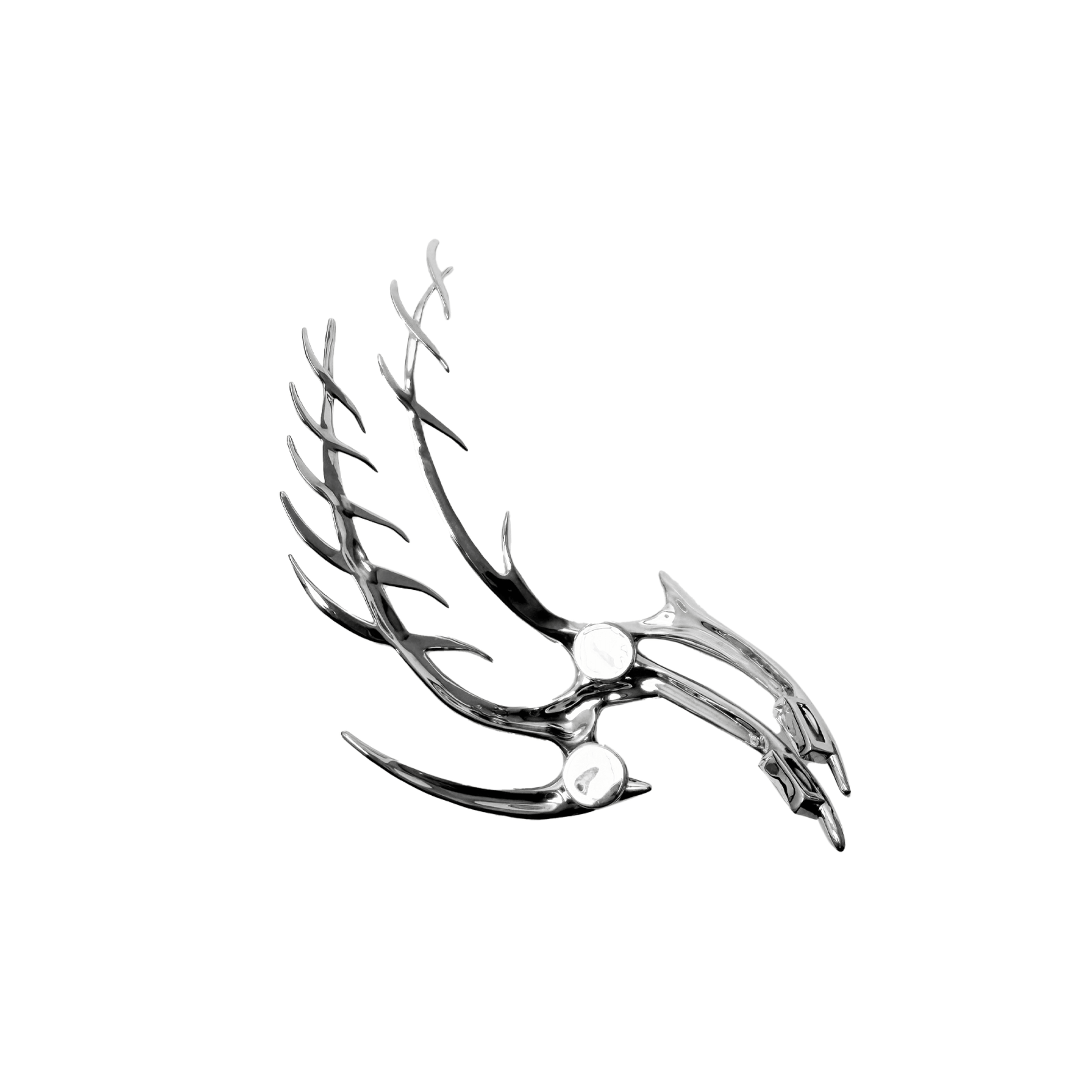 The XTENDED iDENTiTY "Cyber Fin" Shoelry from the Cyber Dream series. A highly detailed, segmented ornament resembling a futuristic mechanical fin with sharp, flowing lines. Available finishes include Shadow Black, Liquid Silver, and Molten Gold, displayed together.