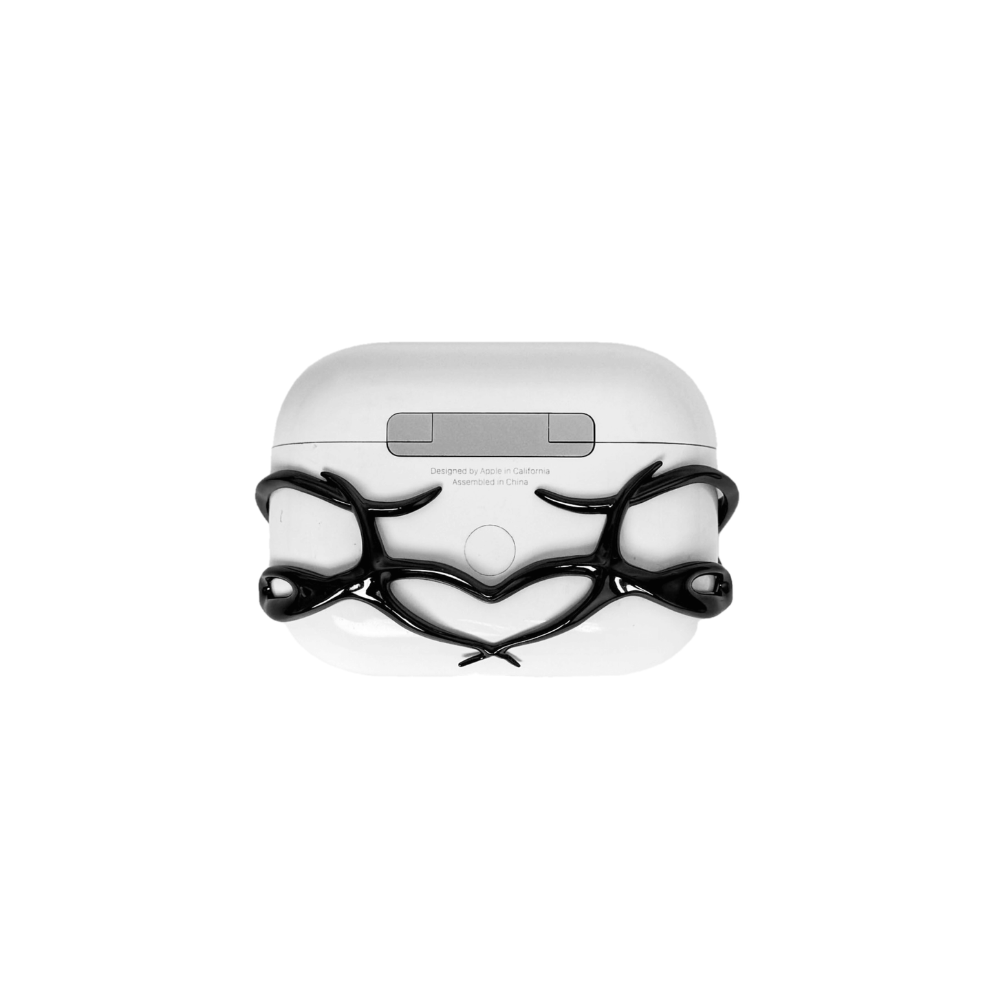 The XTENDED iDENTiTY "Cyber Spine" AirPods Cover, a collection showcasing a fluid, biomechanical exoskeleton structure that fully encases the AirPods case. Available finishes include Shadow Black, Liquid Silver, and Molten Gold, all emphasizing the sculpted, spinal-like, protective armor design.