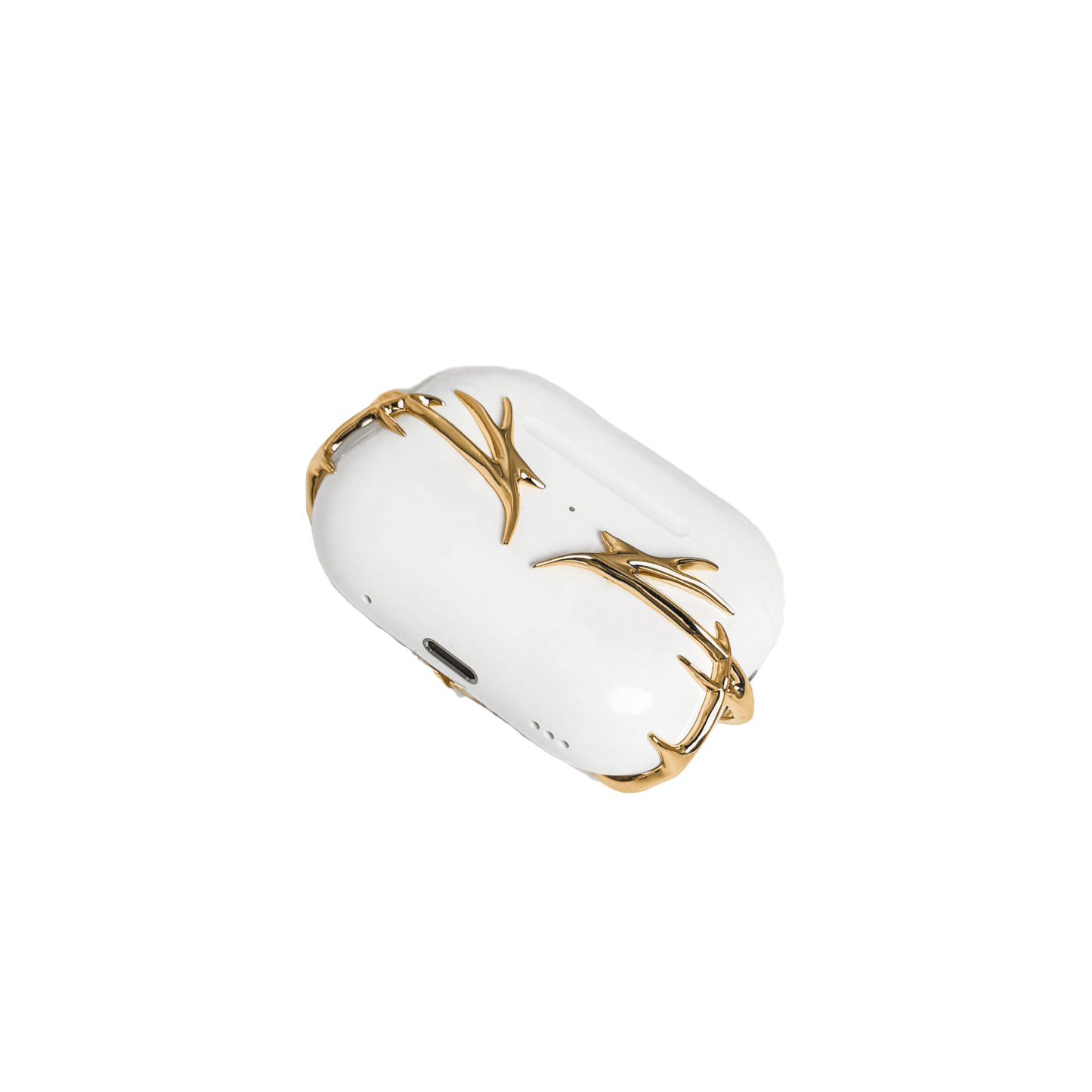 The XTENDED iDENTiTY "Cyber Spine" AirPods Cover, a collection showcasing a fluid, biomechanical exoskeleton structure that fully encases the AirPods case. Available finishes include Shadow Black, Liquid Silver, and Molten Gold, all emphasizing the sculpted, spinal-like, protective armor design.