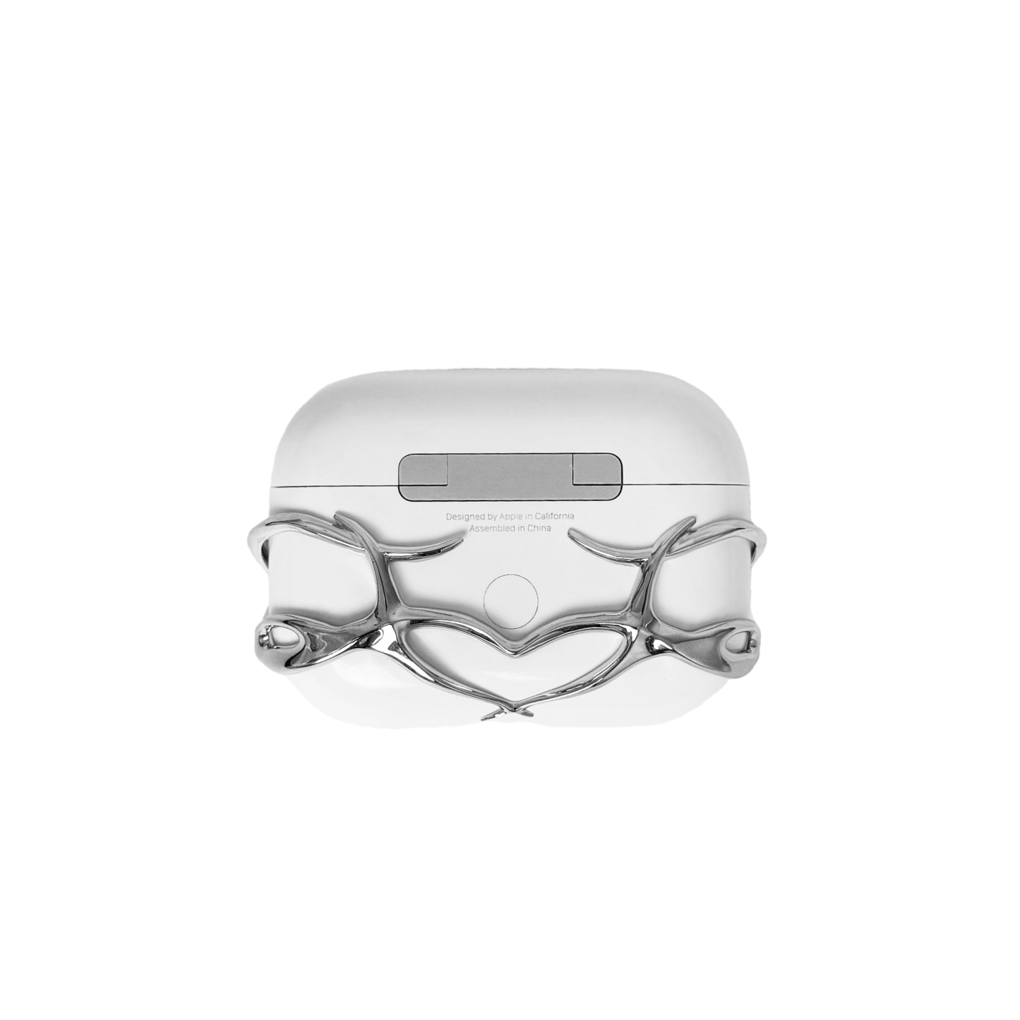 The XTENDED iDENTiTY "Cyber Spine" AirPods Cover, a collection showcasing a fluid, biomechanical exoskeleton structure that fully encases the AirPods case. Available finishes include Shadow Black, Liquid Silver, and Molten Gold, all emphasizing the sculpted, spinal-like, protective armor design.