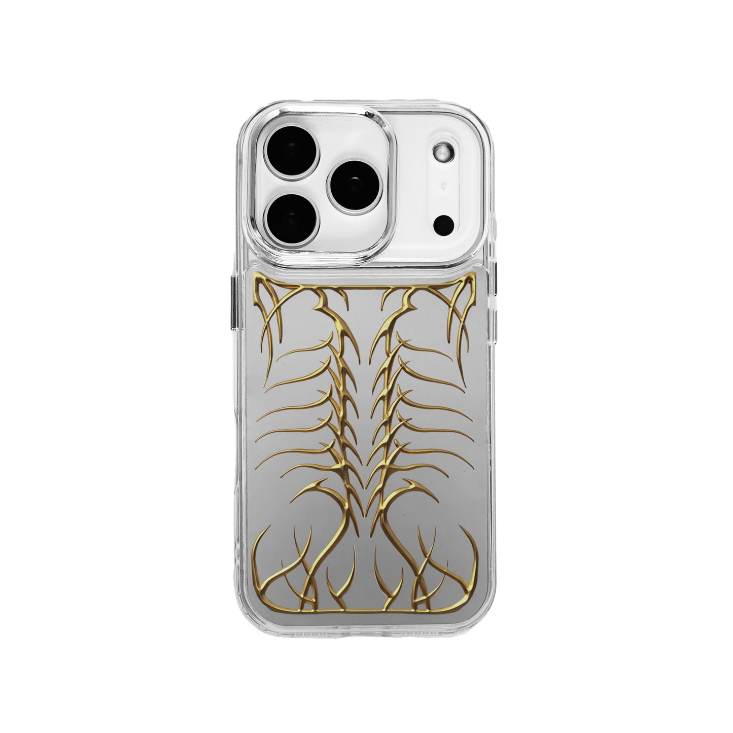 Transparent iPhone case featuring a central, vertically oriented, raised relief design resembling a stylized skeletal spine or fishbone in silver or chrome metallic finish.