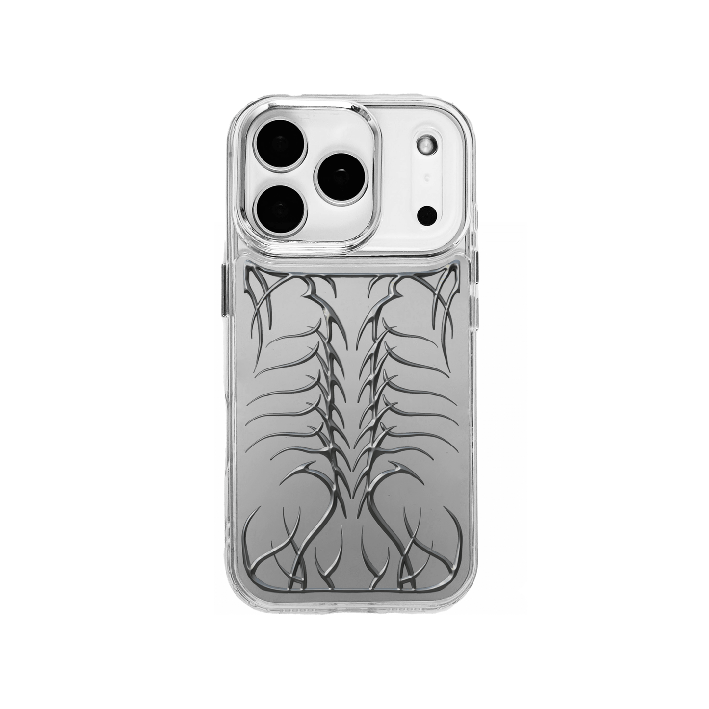 Transparent iPhone case featuring a central, vertically oriented, raised relief design resembling a stylized skeletal spine or fishbone in silver or chrome metallic finish.