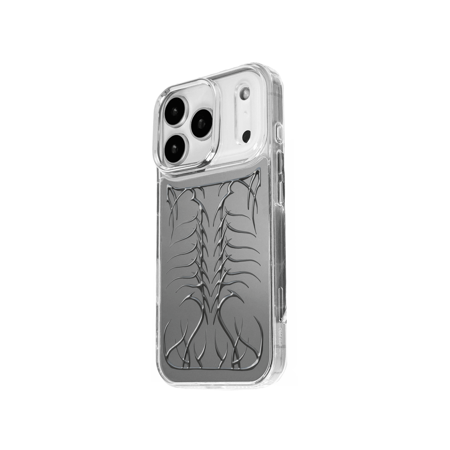 Transparent iPhone case featuring a central, vertically oriented, raised relief design resembling a stylized skeletal spine or fishbone in silver or chrome metallic finish.