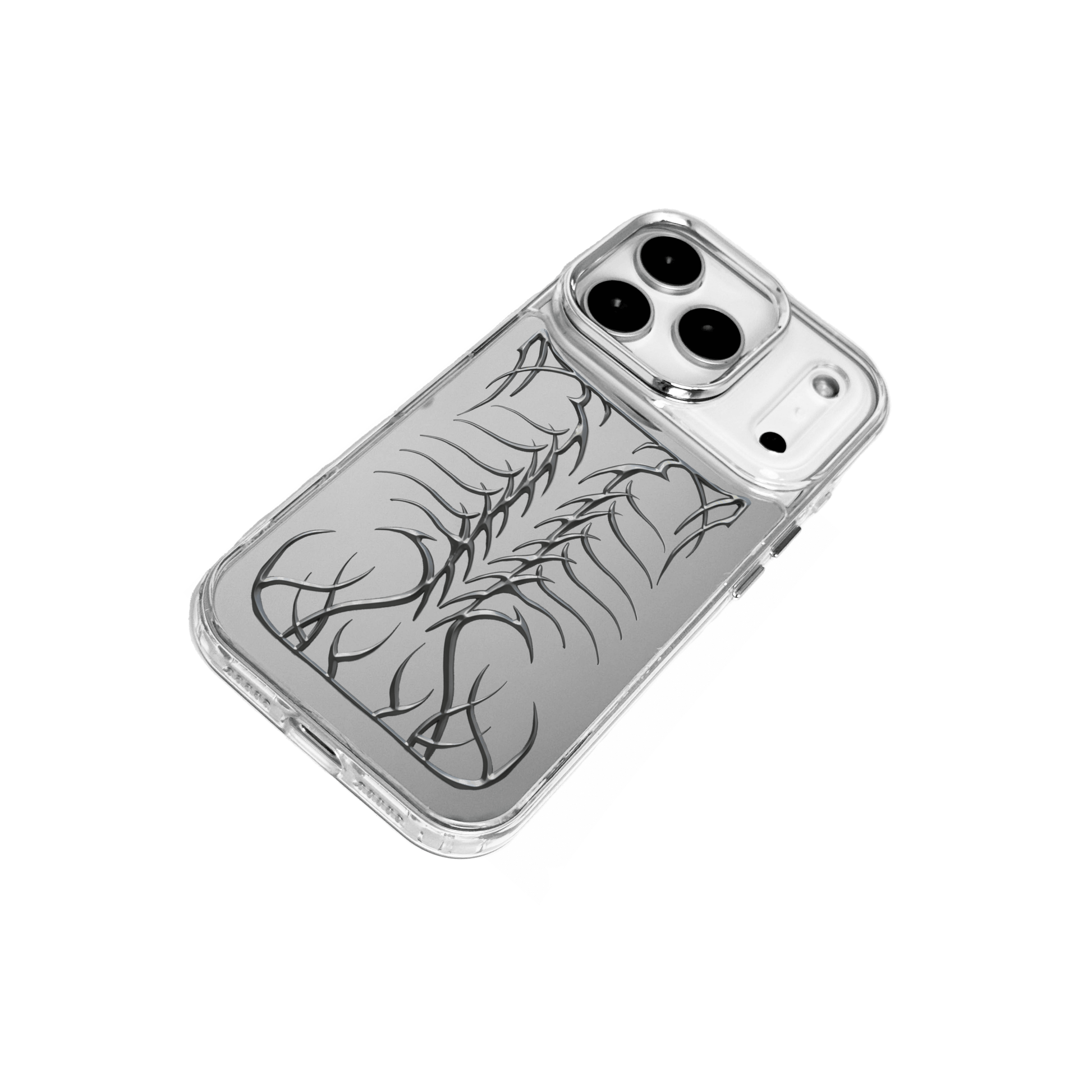 Transparent iPhone case featuring a central, vertically oriented, raised relief design resembling a stylized skeletal spine or fishbone in silver or chrome metallic finish.