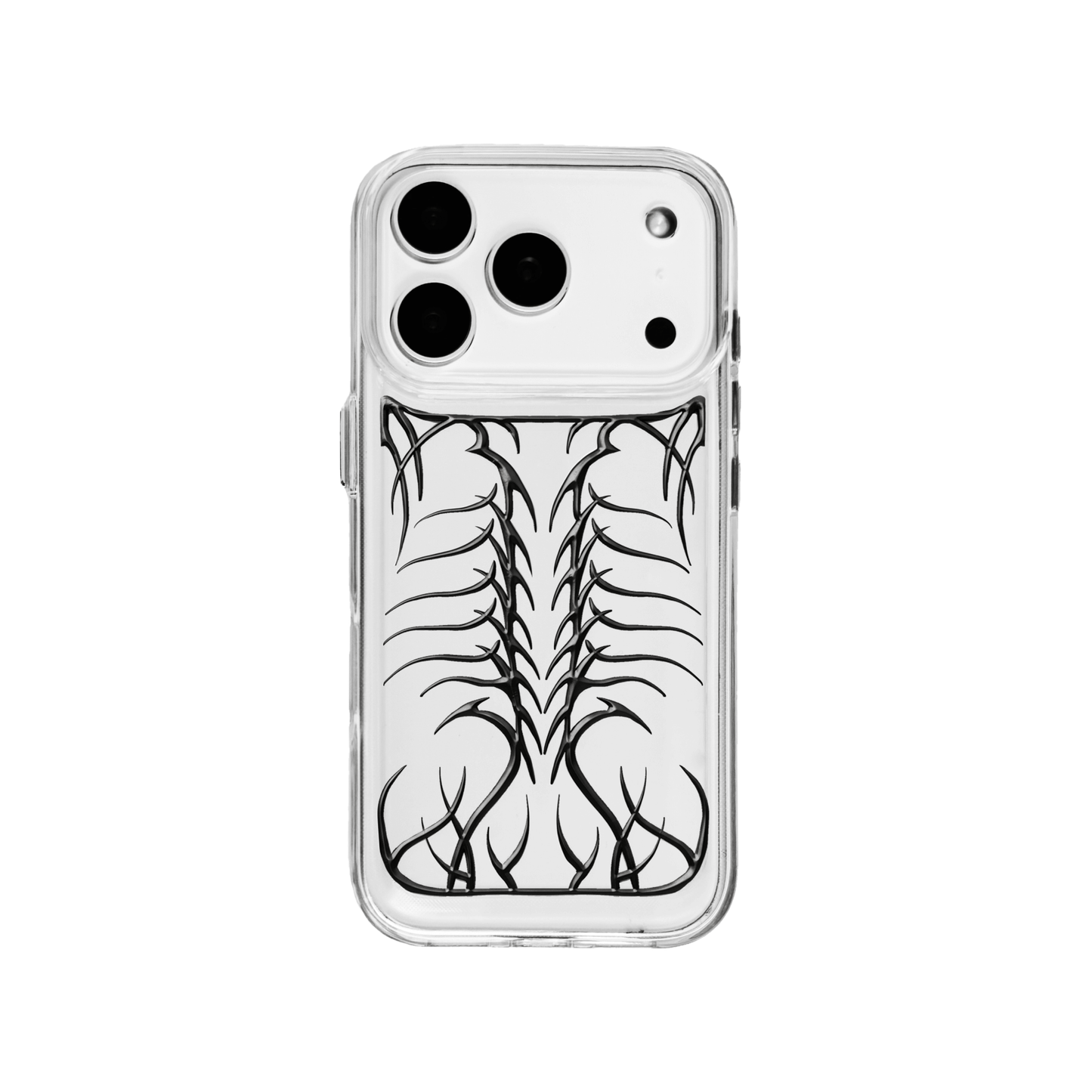 Transparent iPhone case featuring a central, vertically oriented, raised relief design resembling a stylized skeletal spine or fishbone in silver or chrome metallic finish.
