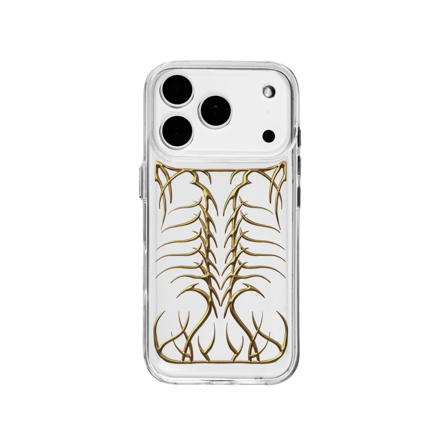 Transparent iPhone case featuring a central, vertically oriented, raised relief design resembling a stylized skeletal spine or fishbone in silver or chrome metallic finish.
