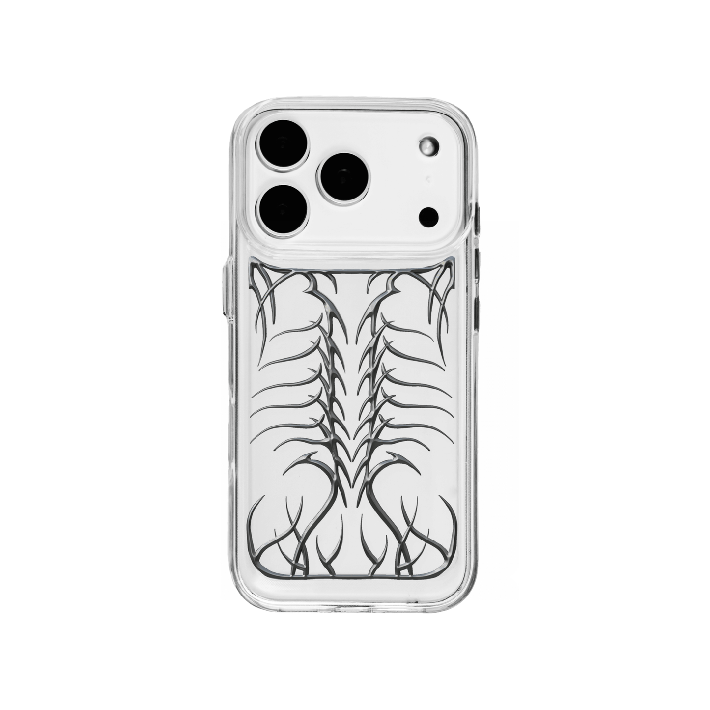 Transparent iPhone case featuring a central, vertically oriented, raised relief design resembling a stylized skeletal spine or fishbone in silver or chrome metallic finish.