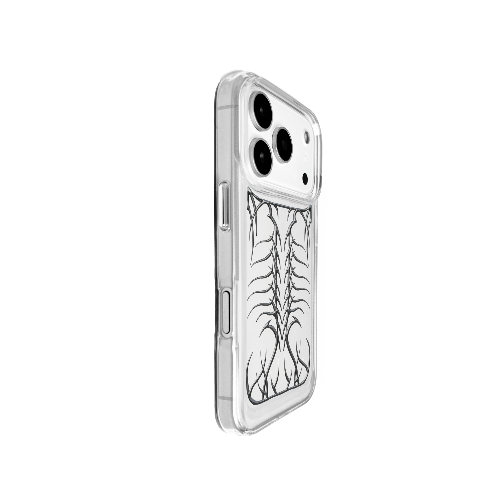 Transparent iPhone case featuring a central, vertically oriented, raised relief design resembling a stylized skeletal spine or fishbone in silver or chrome metallic finish.