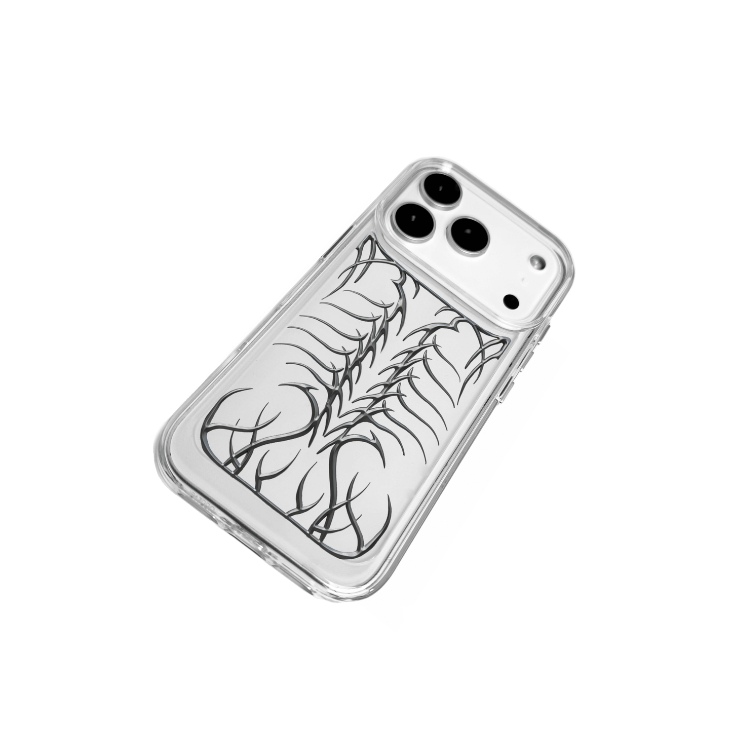 Transparent iPhone case featuring a central, vertically oriented, raised relief design resembling a stylized skeletal spine or fishbone in silver or chrome metallic finish.