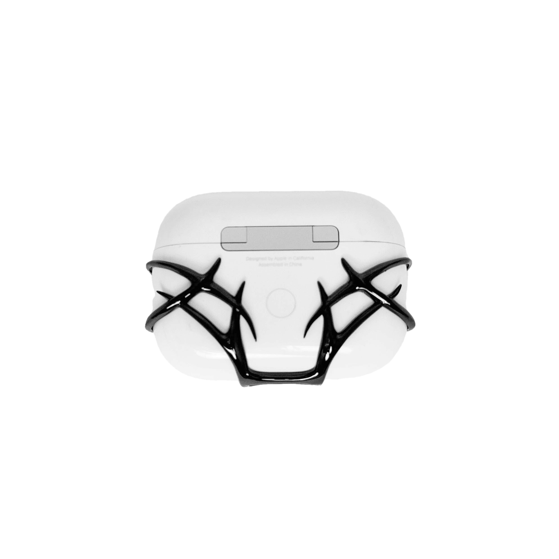 The XTENDED iDENTiTY Cyber Thorn AirPods Cover, a collection showcasing a fractal-like, aggressive metallic exoskeleton structure that fully encases the AirPods case. Available finishes include Shadow Black, Liquid Silver, and Molten Gold, all emphasizing the sharp, futuristic, protective armor design.