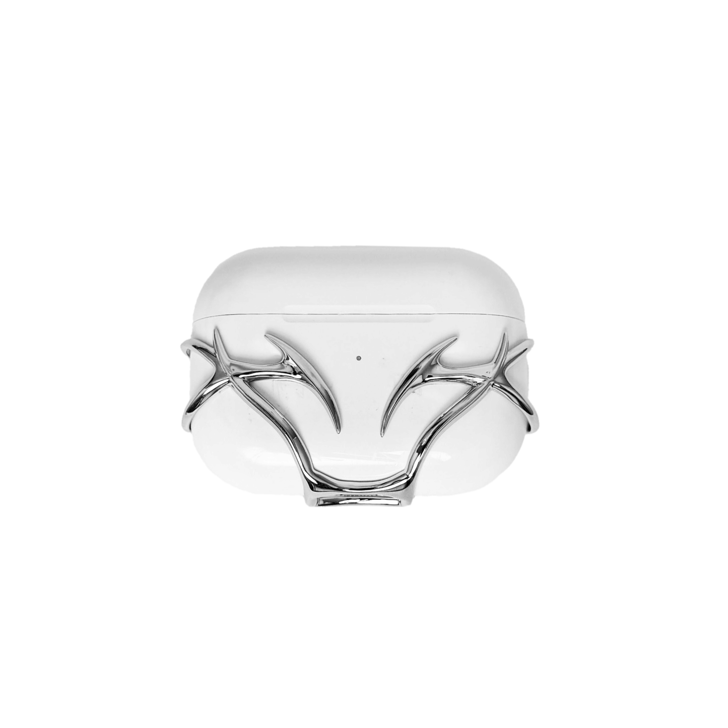 The XTENDED iDENTiTY Cyber Thorn AirPods Cover, a collection showcasing a fractal-like, aggressive metallic exoskeleton structure that fully encases the AirPods case. Available finishes include Shadow Black, Liquid Silver, and Molten Gold, all emphasizing the sharp, futuristic, protective armor design.
