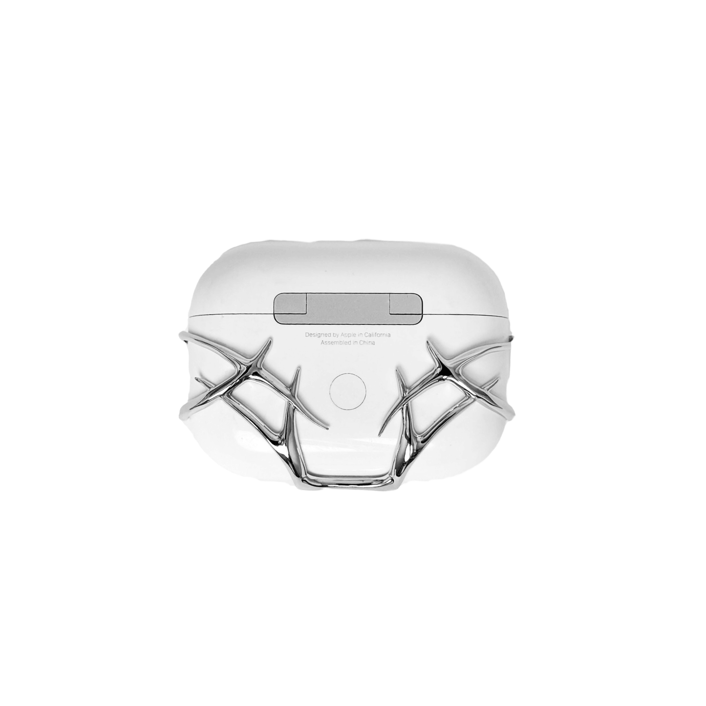 The XTENDED iDENTiTY Cyber Thorn AirPods Cover, a collection showcasing a fractal-like, aggressive metallic exoskeleton structure that fully encases the AirPods case. Available finishes include Shadow Black, Liquid Silver, and Molten Gold, all emphasizing the sharp, futuristic, protective armor design.